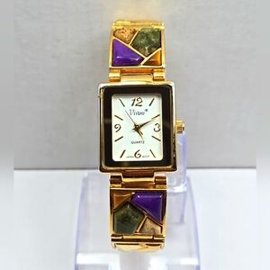 Vivani CS4821 Gold Tone Faux Gemstone Quartz Watch Tank Style New Battery Womens